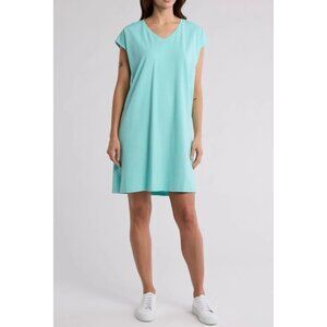 Eileen Fisher NWT Teal Boxy V-Neck Organic Cotton Tee Shirt Dress
